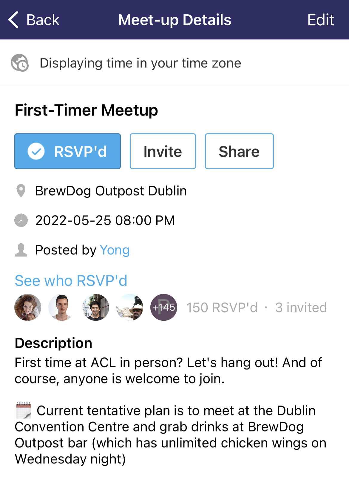 I used Whova to organize a first-timer meetup for people who attended ACL 2022 for their first time, so we could all get to know each other. Also, who doesn’t like a fun Wednesday evening hangout?